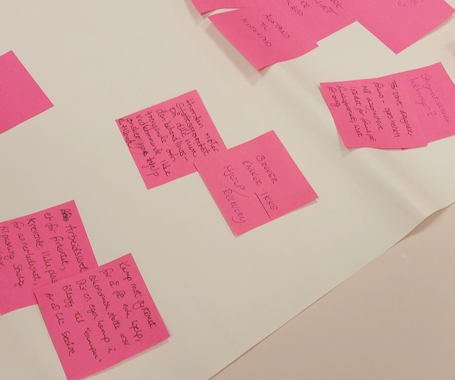 Post it-lapper med notater fra gruppearbeid på recovery-workshop