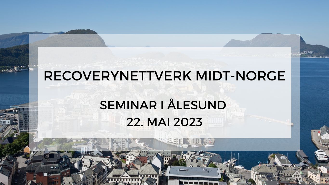 Tekstplakat med bilde av Ålesund by - Recoverynettverk Midt-Norge Seminar i Ålesund 22. mai