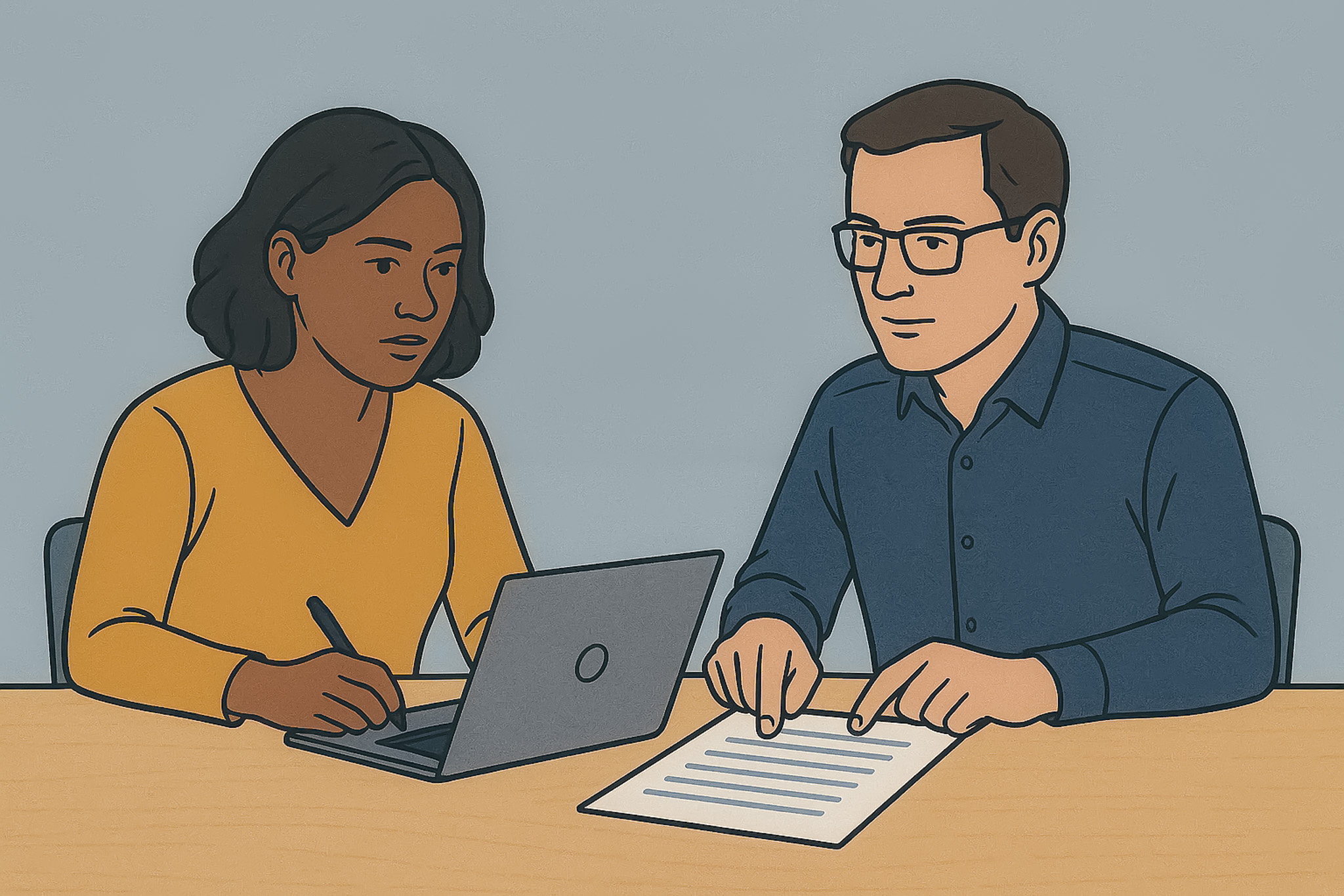Illustrasjon: En kvinne med gul genser sitter ved en PC , sammen med en mann i blå skjorte som skriver på et papir