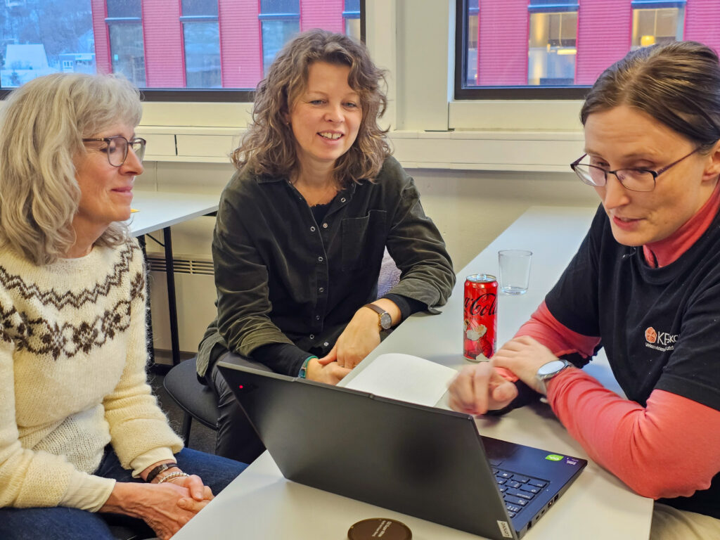 Bilde av tre damer som sitter rundt et bord og ser på en datamaskin