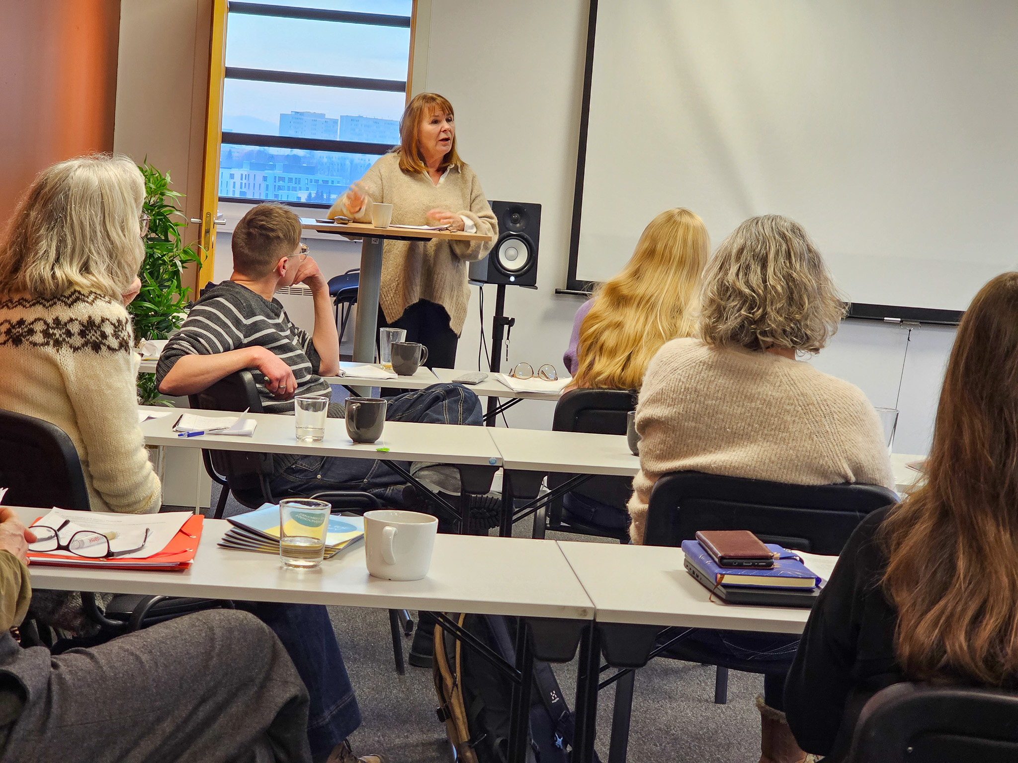 Bilde av en dame som snakker til en forsamling i et klasserom