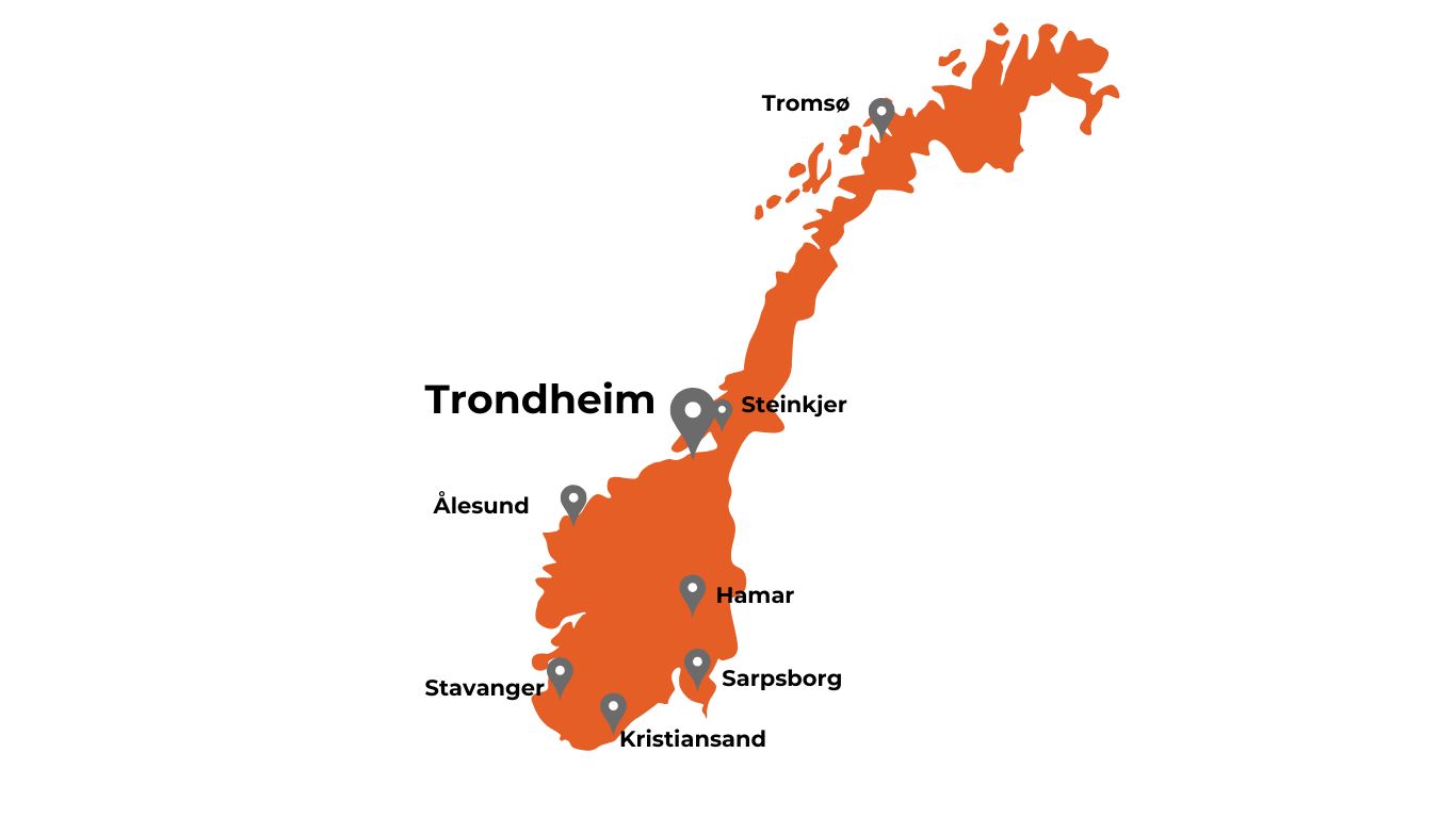 Kart hvor byene Tromsø, Steinkjer, Trondheim, Ålesund, Stavanger, Kristiansand. Sarpsborg og Hamar er markert.